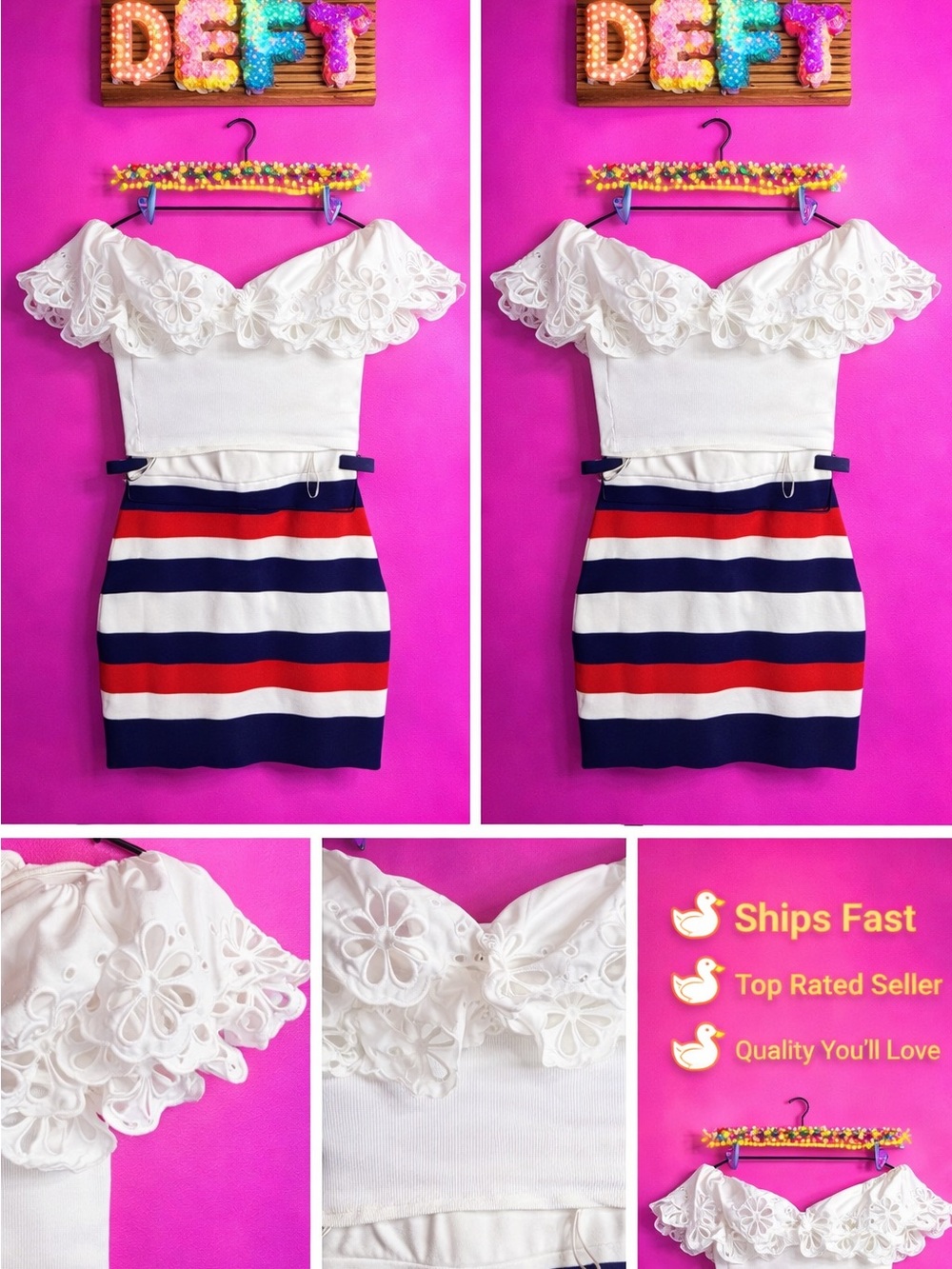 Off-Shoulder White & Navy Striped Asymmetrical Dress